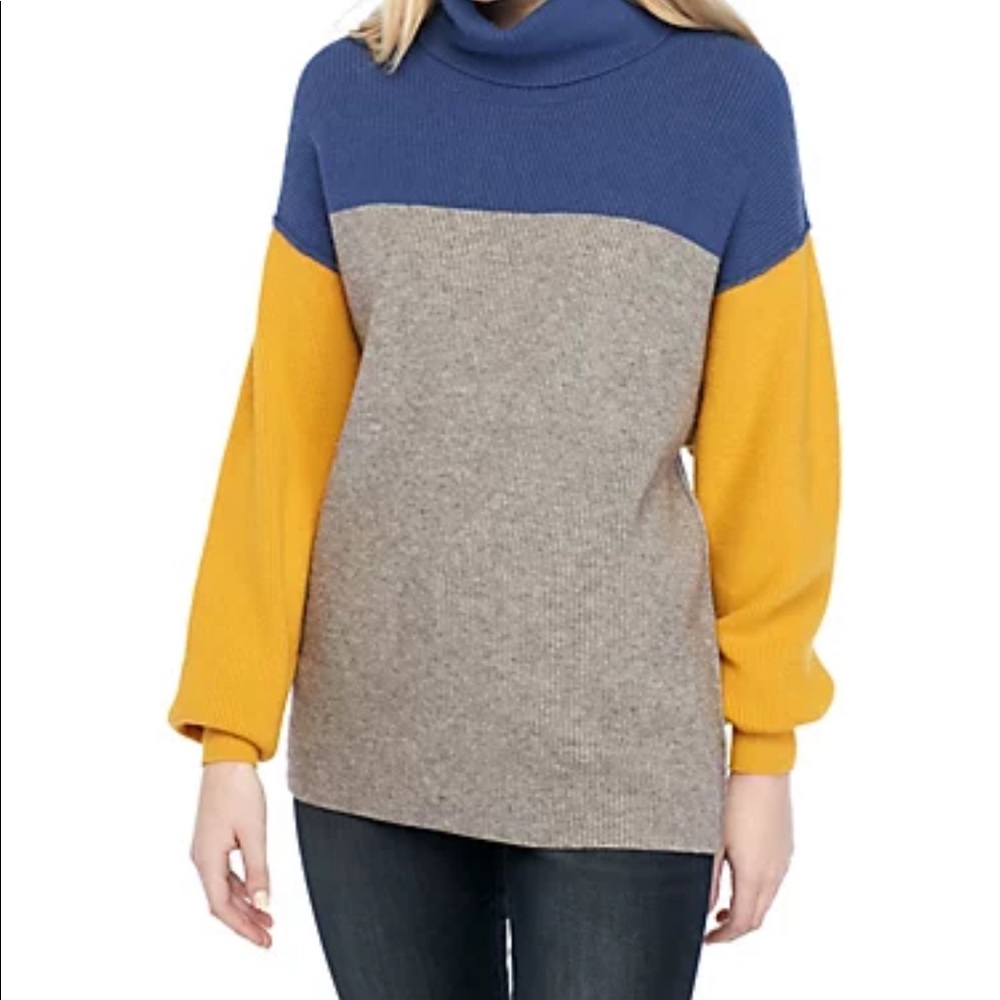 Free People Small Womens Color Block Oversized Sweater Cozy Blue Gold